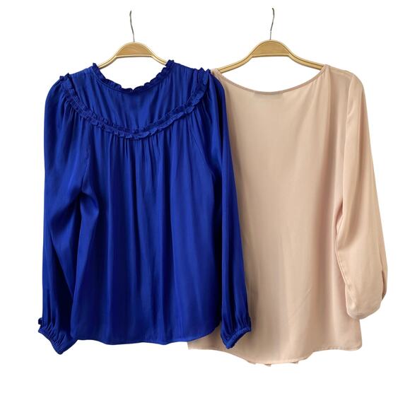 Ann Taylor LOFT Boho Blouse Top Women M Lot of 2 Royal Blue Blush Ruffle Pleated - Picture 2 of 11